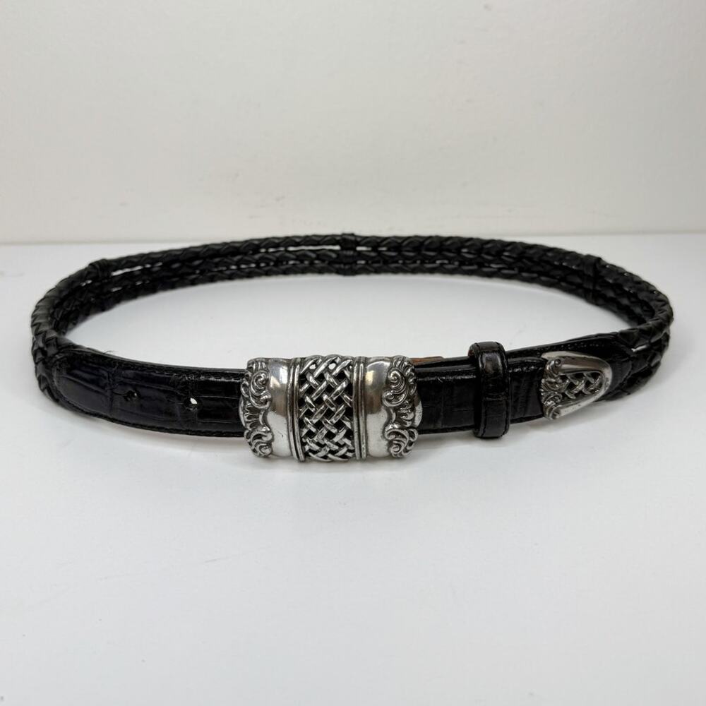 BRIGHTON Braided Woven Leather Belt Black Silver Square Buckle 90603 Womens Sz M